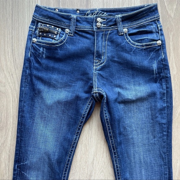 Cartise Embellished Low Rise Jeans Blue Zipp Pockets Women's Size 4 - Picture 3 of 16